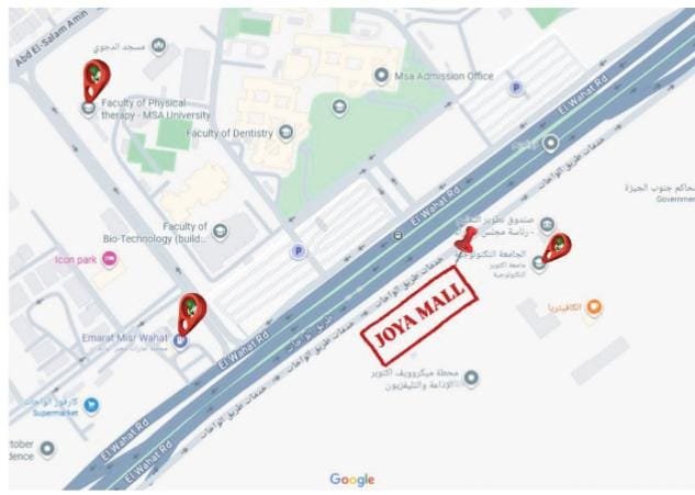 يقع مركز جويا التجاري على طريق الواحة، مقابل جامعة MSA مباشرة وبجوار جامعة أكتوبر التكنولوجية.